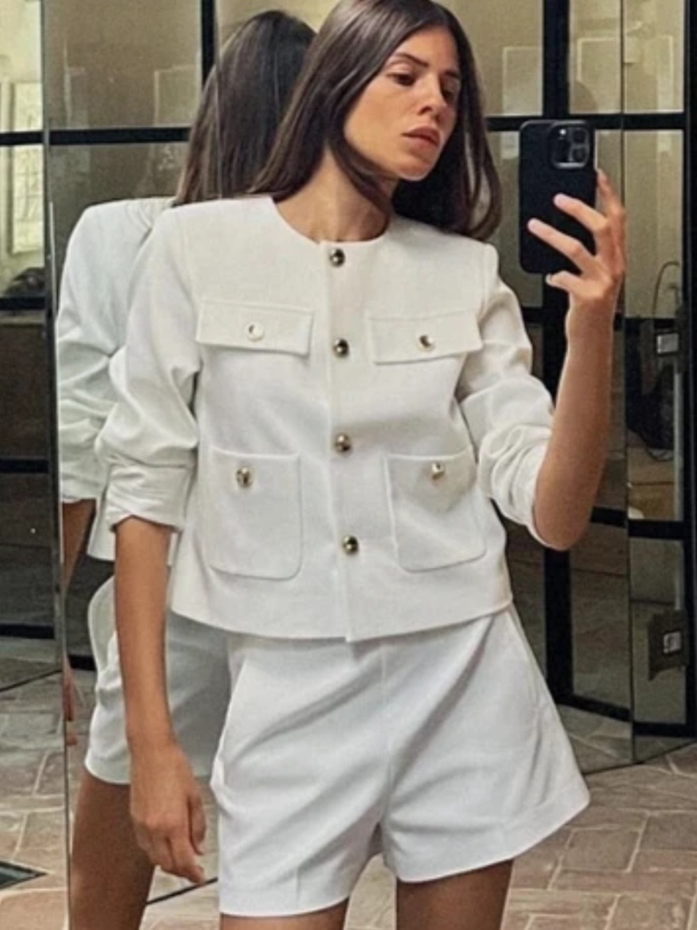 Zara Womens Blazer Jacket Size L White Cropped Gold Button  NWT